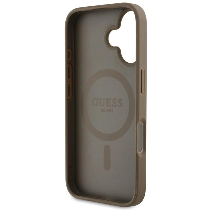 Калъф Guess Grained Hot Stamp Peony Triangle Logo MagSafe за iPhone 16 - кафяв