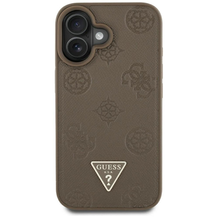 Калъф Guess Grained Hot Stamp Peony Triangle Logo MagSafe за iPhone 16 - кафяв