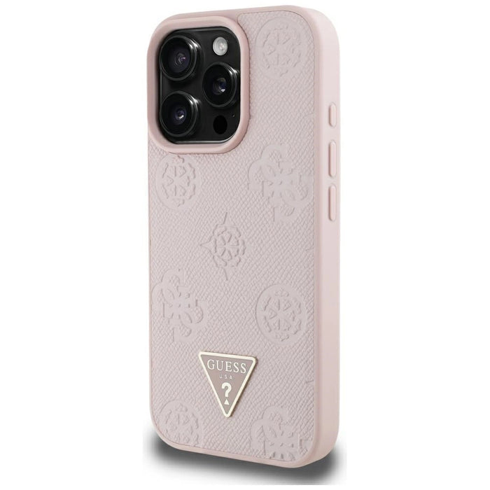 Калъф Guess Grained Hot Stamp Peony Triangle Logo MagSafe за iPhone 16 Pro Max - розов