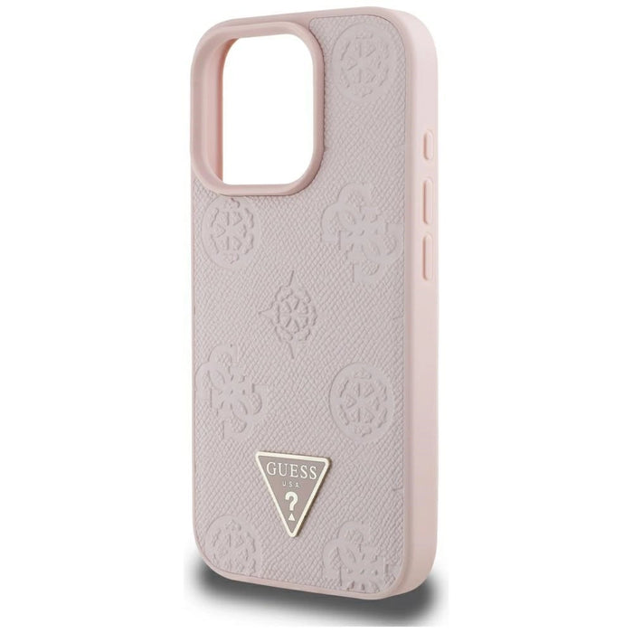 Калъф Guess Grained Hot Stamp Peony Triangle Logo MagSafe за iPhone 16 Pro Max - розов