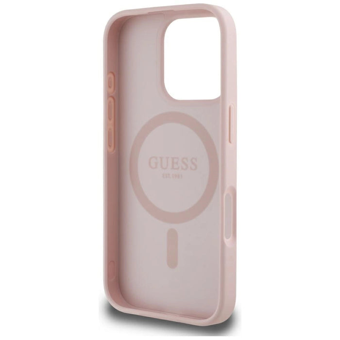 Калъф Guess Grained Hot Stamp Peony Triangle Logo MagSafe за iPhone 16 Pro Max - розов