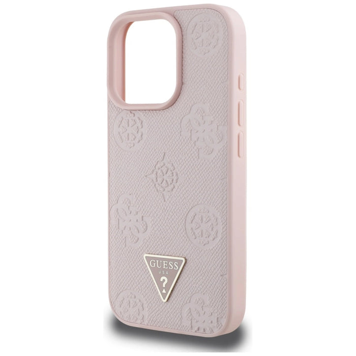 Калъф Guess Grained Hot Stamp Peony Triangle Logo MagSafe за iPhone 16 Pro - розов