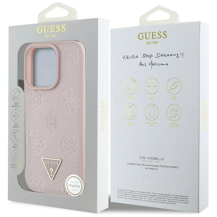 Калъф Guess Grained Hot Stamp Peony Triangle Logo MagSafe за iPhone 16 Pro - розов