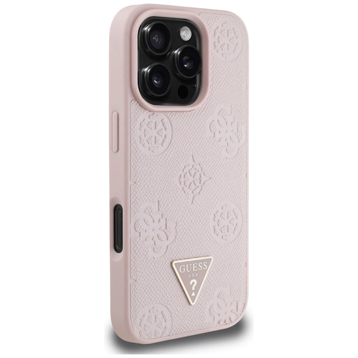 Калъф Guess Grained Hot Stamp Peony Triangle Logo MagSafe за iPhone 16 Pro - розов