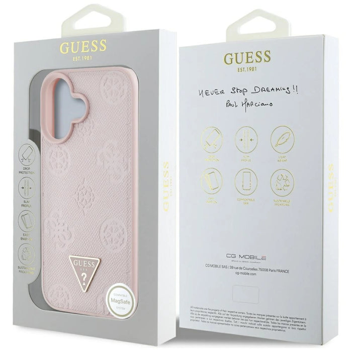 Калъф Guess Grained Hot Stamp Peony Triangle Logo MagSafe за iPhone 16 - розов