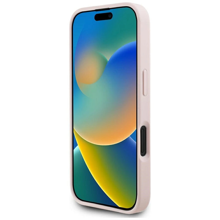 Калъф Guess Grained Hot Stamp Peony Triangle Logo MagSafe за iPhone 16 - розов