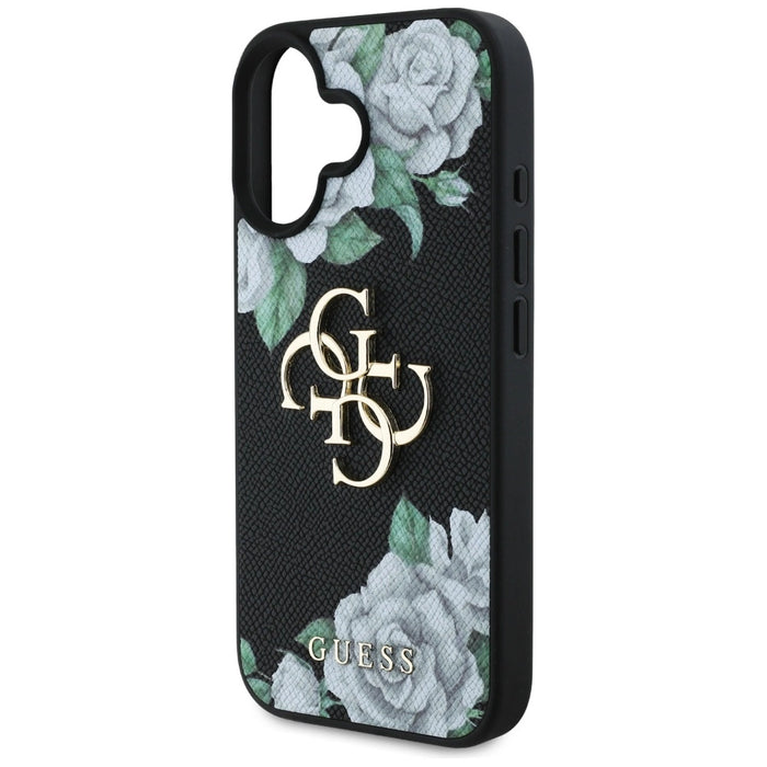Калъф с лого Guess Grained Roses Big 4G за iPhone 16 - черен