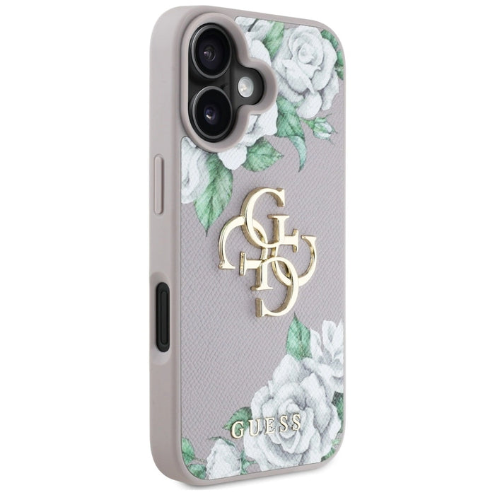 Калъф Guess Grained Roses с голямо 4G лого за iPhone 16 - лилав