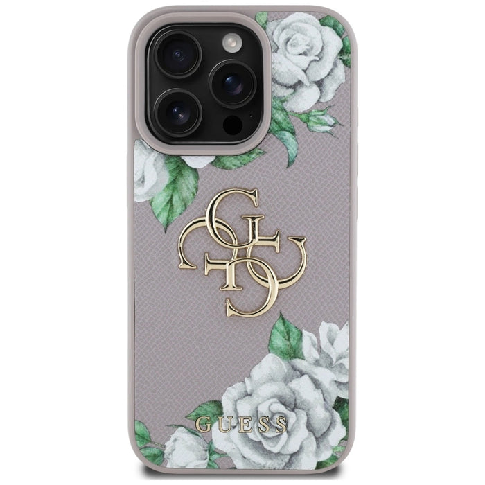 Калъф Guess Grained Roses с голямо 4G лого за iPhone 16 Pro - лилав