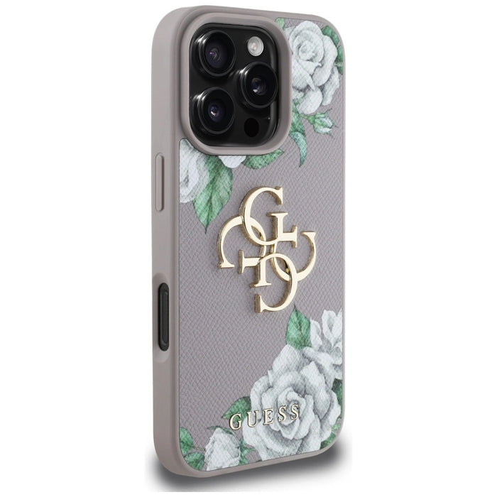Калъф Guess Grained Roses с голямо 4G лого за iPhone 16 Pro - лилав