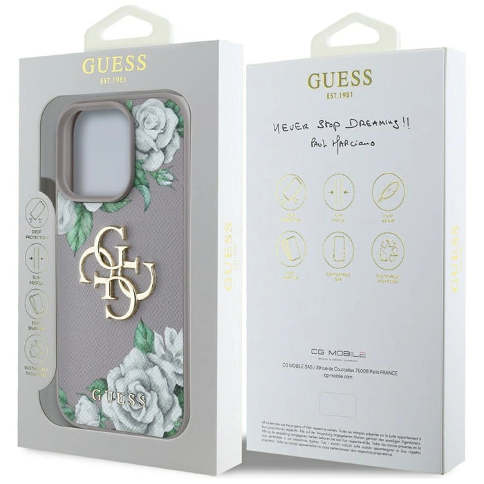 Калъф Guess Grained Roses с голямо 4G лого за iPhone 16 Pro Max - лилав