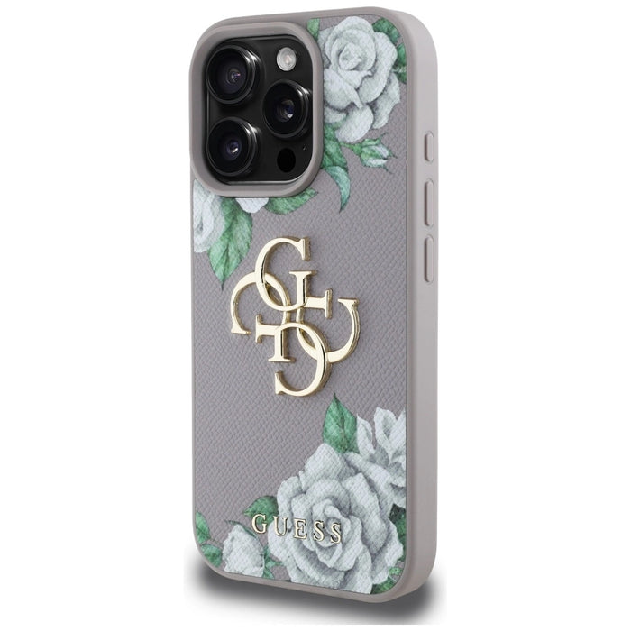 Калъф Guess Grained Roses с голямо 4G лого за iPhone 16 Pro Max - лилав