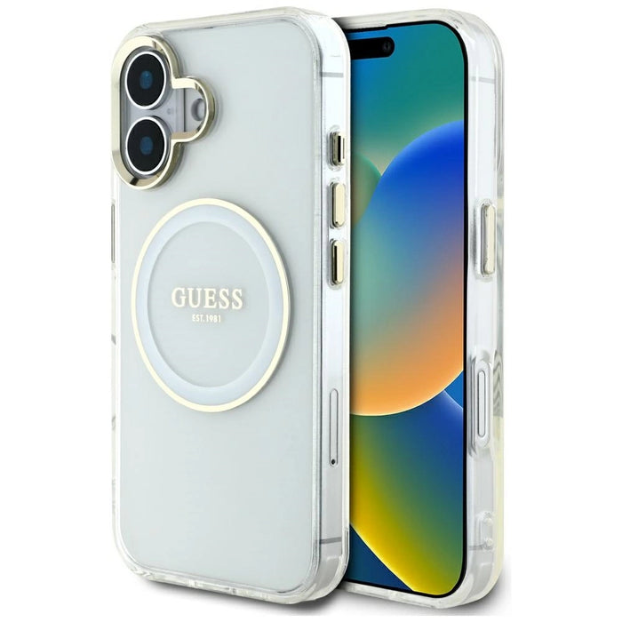 Калъф Guess IML Metal Colored Circle Classic Logo MagSafe за iPhone 16 - бял