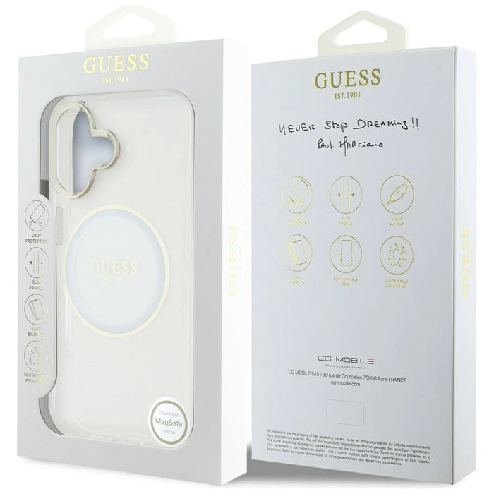 Калъф Guess IML Metal Colored Circle Classic Logo MagSafe за iPhone 16 - бял