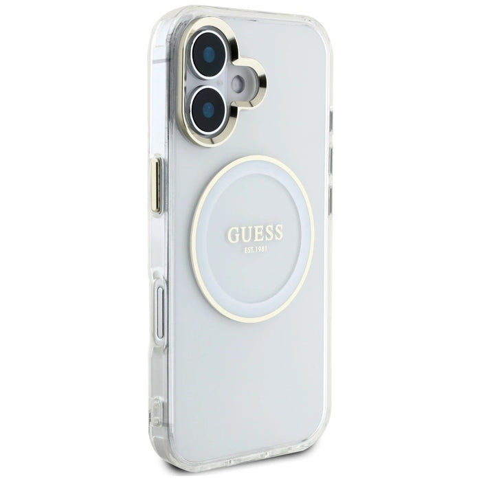 Калъф Guess IML Metal Colored Circle Classic Logo MagSafe за iPhone 16 - бял