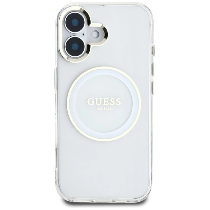 Калъф Guess IML Metal Colored Circle Classic Logo MagSafe за iPhone 16 - бял