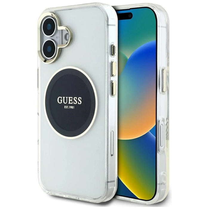 Калъф Guess IML Metal Colored Circle Classic Logo MagSafe за iPhone 16 - черен
