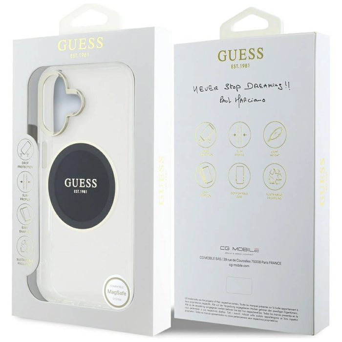 Калъф Guess IML Metal Colored Circle Classic Logo MagSafe за iPhone 16 - черен