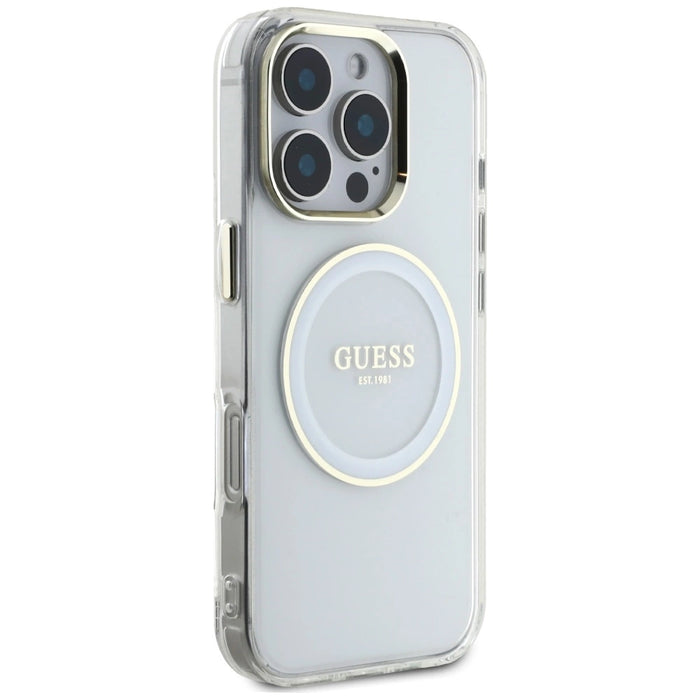 Калъф Guess IML Metal Colored Circle Classic Logo MagSafe за iPhone 16 Pro - бял