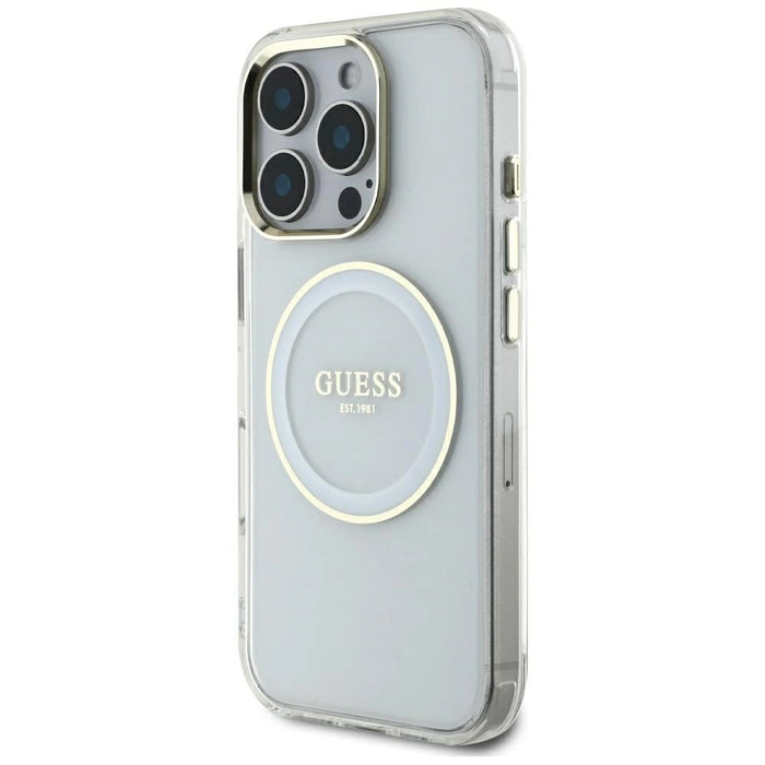 Калъф Guess IML Metal Colored Circle Classic Logo MagSafe за iPhone 16 Pro Max - бял
