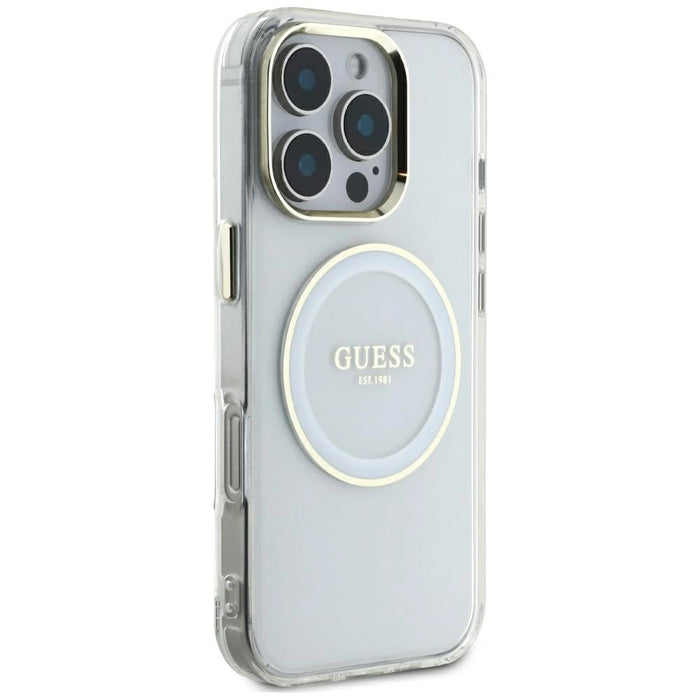 Калъф Guess IML Metal Colored Circle Classic Logo MagSafe за iPhone 16 Pro Max - бял