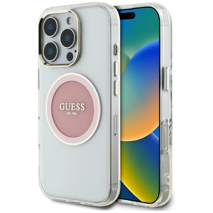 Калъф Guess IML Metal Colored Circle Classic Logo MagSafe iPhone 16 Pro - розов