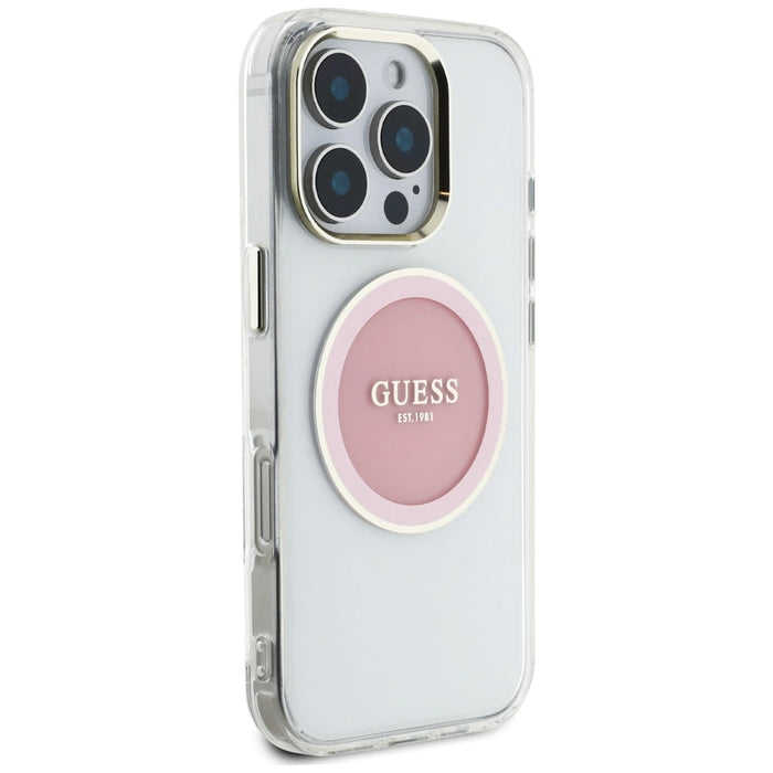 Калъф Guess IML Metal Colored Circle Classic Logo MagSafe iPhone 16 Pro - розов
