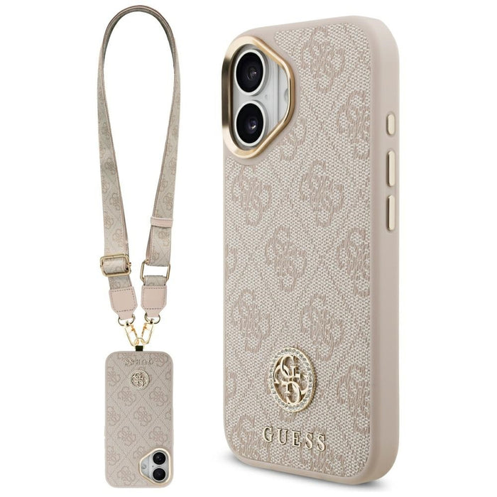 Калъф Guess 4G Strass Logo & Big Strap Metal Buttons MagSafe Case за iPhone 17 - розов