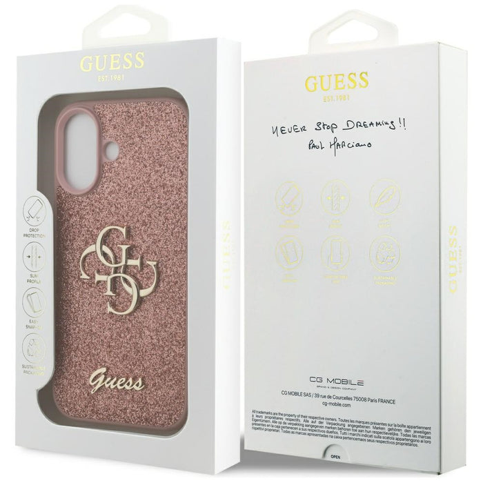 Голям 4G калъф Guess Fixed Glitter за iPhone 17 - розов