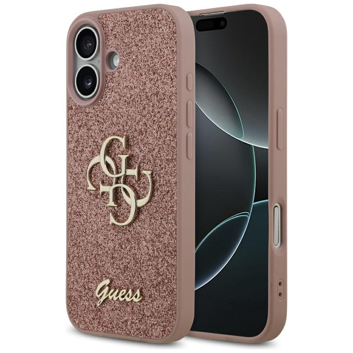Голям 4G калъф Guess Fixed Glitter за iPhone 17 - розов