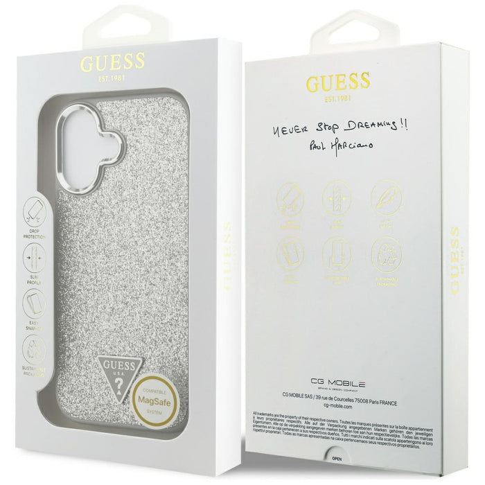 Калъф Guess Glitter Triangle Logo MagSafe за iPhone 17 - сребрист