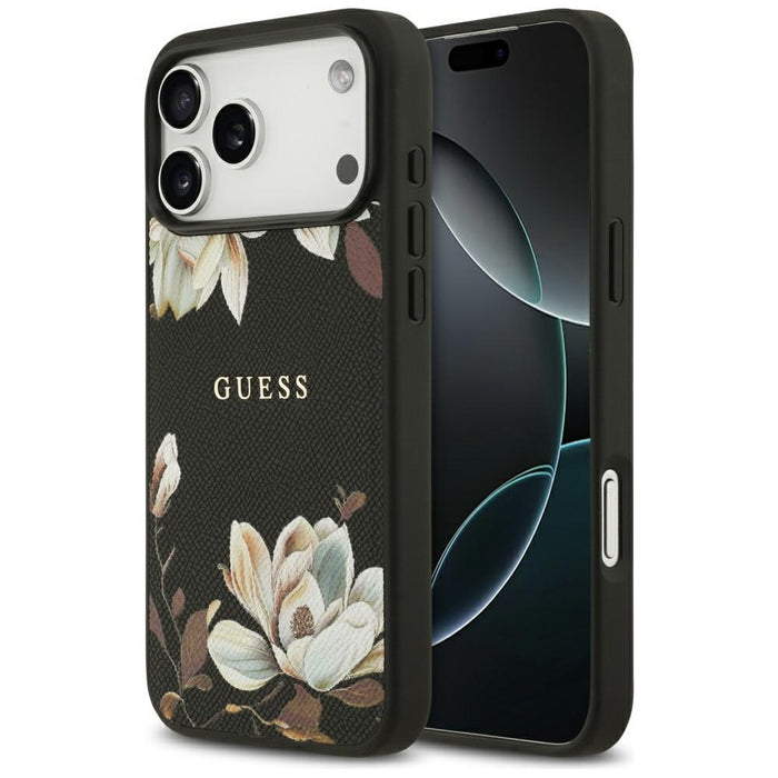 Калъф Guess Grained Flowers Classic Logo MagSafe за iPhone 17 Pro Max - черен