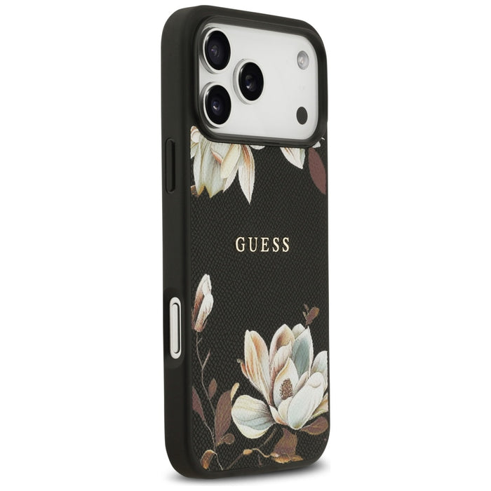 Калъф Guess Grained Flowers Classic Logo MagSafe за iPhone 17 Pro Max - черен