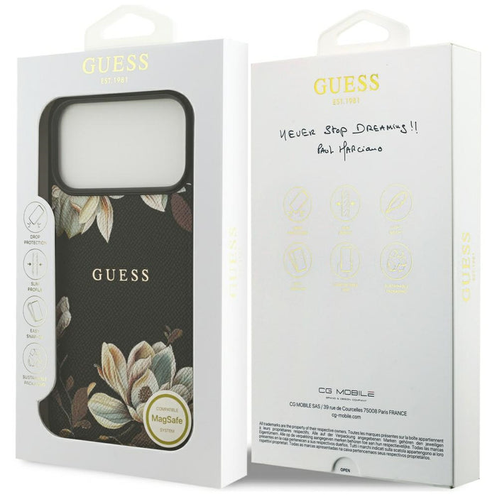 Калъф Guess Grained Flowers Classic Logo MagSafe за iPhone 17 Pro Max - черен