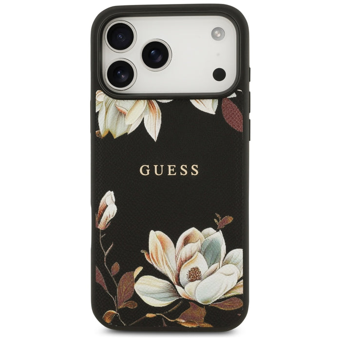 Калъф Guess Grained Flowers Classic Logo MagSafe за iPhone 17 Pro Max - черен