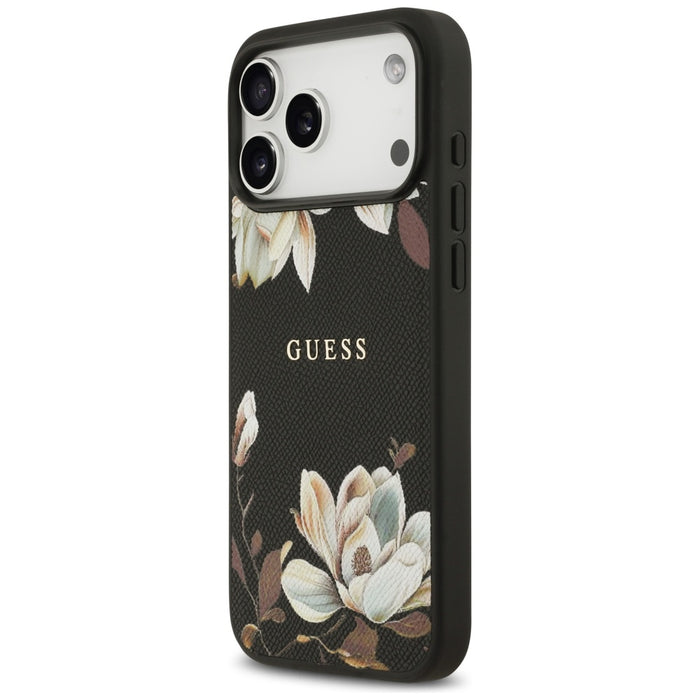 Калъф Guess Grained Flowers Classic Logo MagSafe за iPhone 17 Pro Max - черен