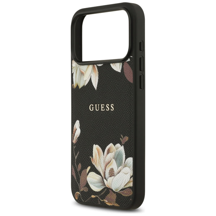 Калъф Guess Grained Flowers Classic Logo MagSafe за iPhone 17 Pro Max - черен