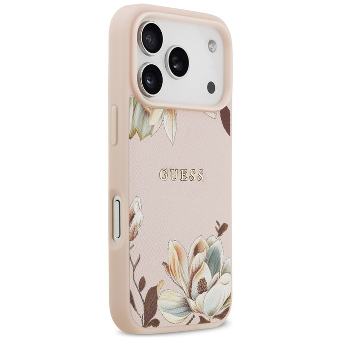 Калъф Guess Grained Flowers Classic Logo MagSafe за iPhone 17 Pro - розов