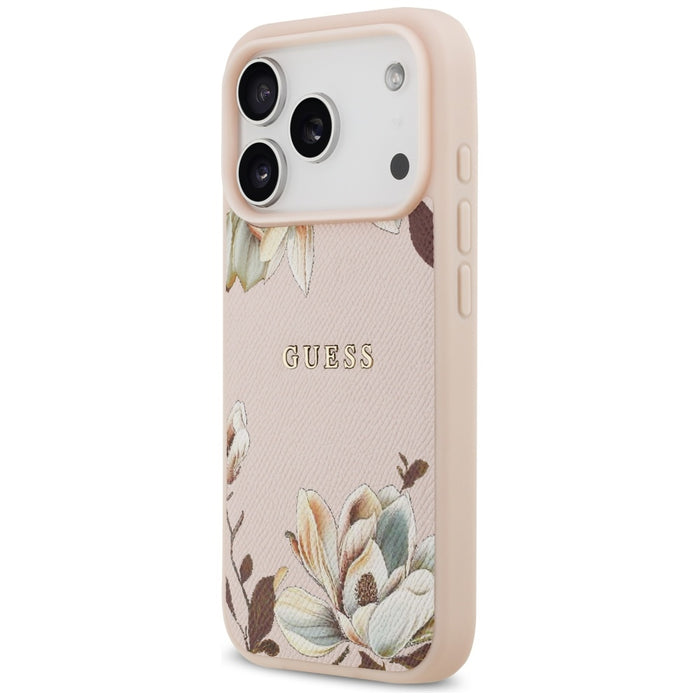 Калъф Guess Grained Flowers Classic Logo MagSafe за iPhone 17 Pro - розов