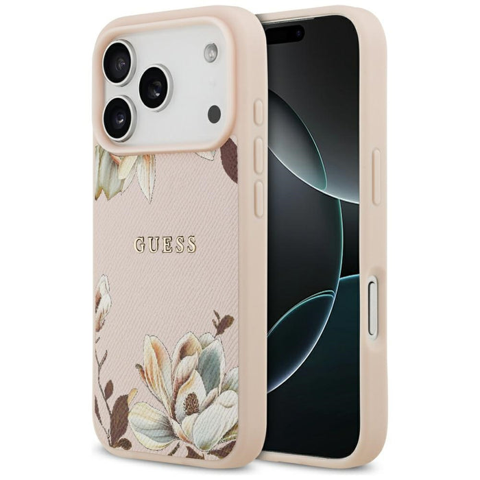 Калъф Guess Grained Flowers Classic Logo MagSafe за iPhone 17 Pro - розов