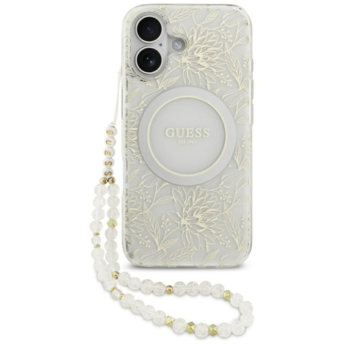 Калъф Guess IML Flowers Electro Pearl Strap MagSafe за iPhone 17 - бял