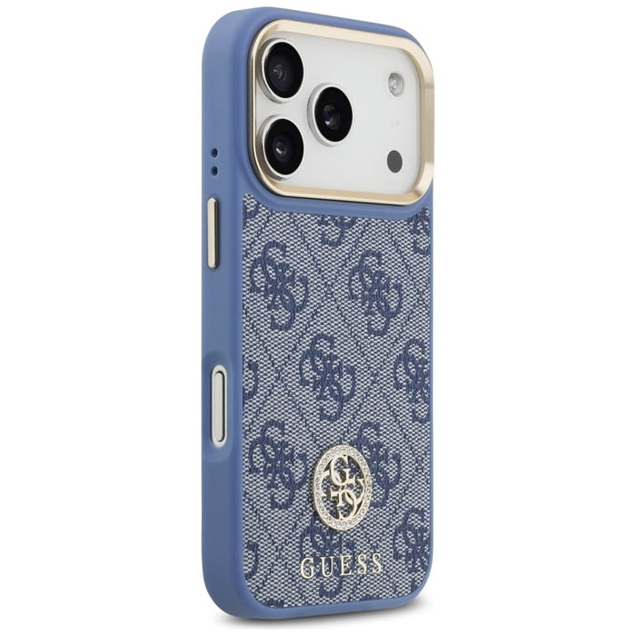 Guess 4G Strass Logo & Big Strap Metal Buttons MagSafe Case за iPhone 17 Pro - син