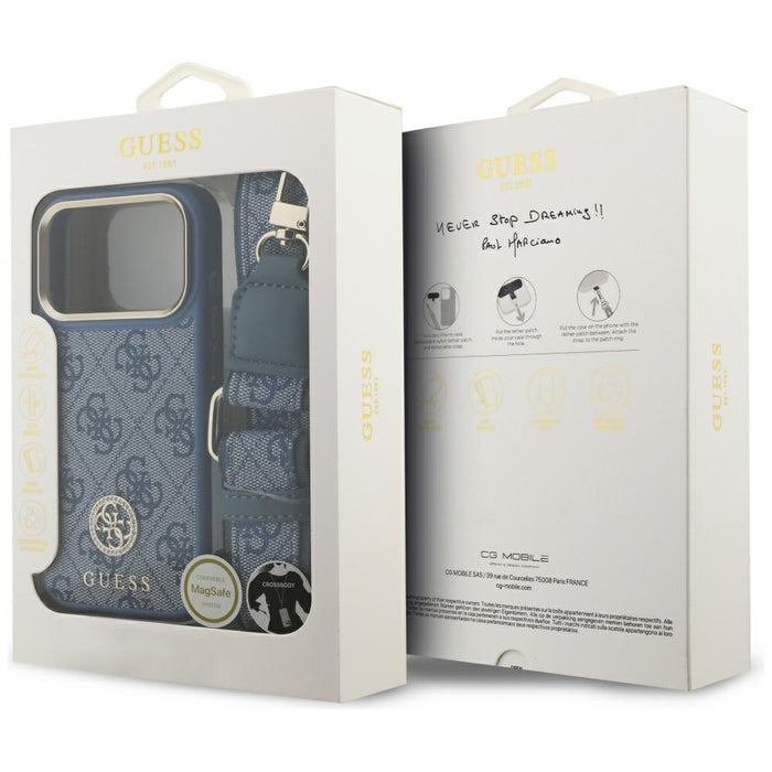 Guess 4G Strass Logo & Big Strap Metal Buttons MagSafe Case за iPhone 17 Pro - син