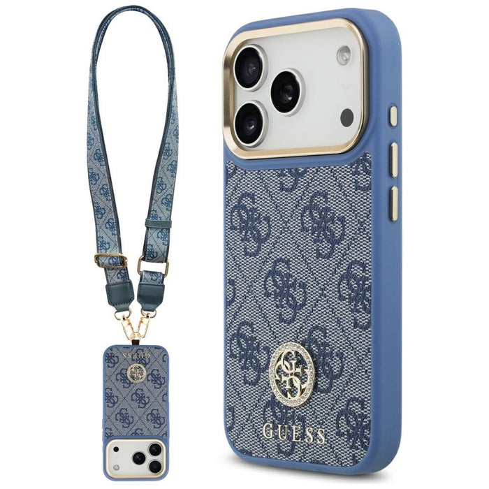Guess 4G Strass Logo & Big Strap Metal Buttons MagSafe Case за iPhone 17 Pro - син