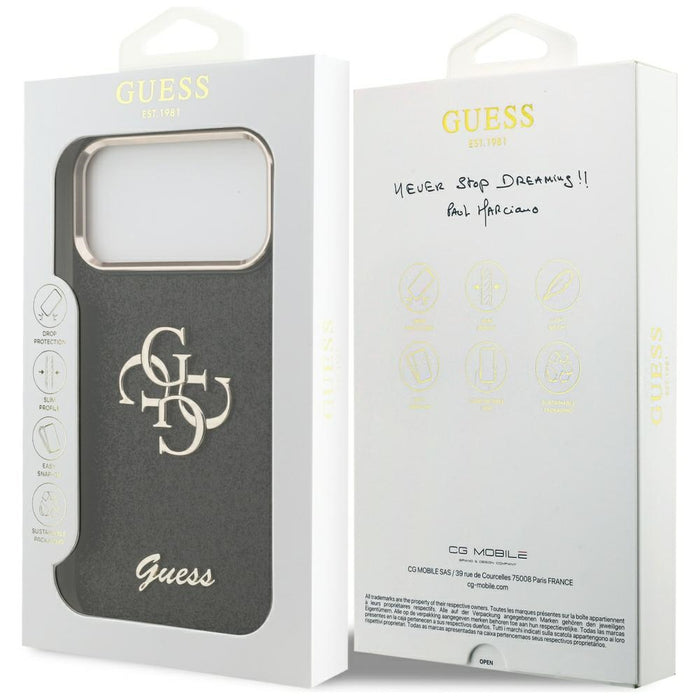 Калъф Guess Fixed Glitter Big 4G Metal Frame за iPhone 17 Pro Max - черен