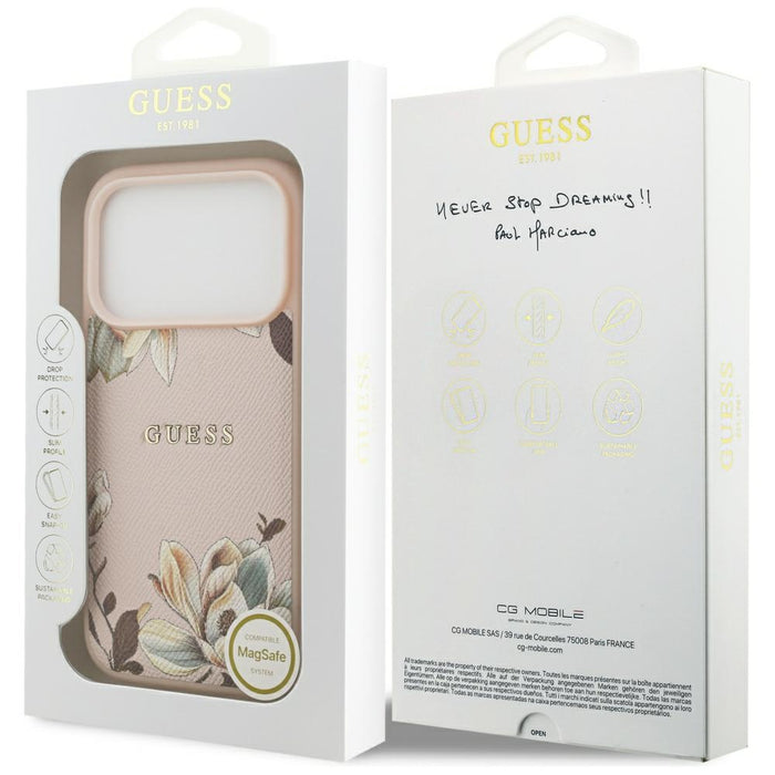 Калъф Guess Grained Flowers Classic Logo MagSafe за iPhone 17 Pro Max - розов