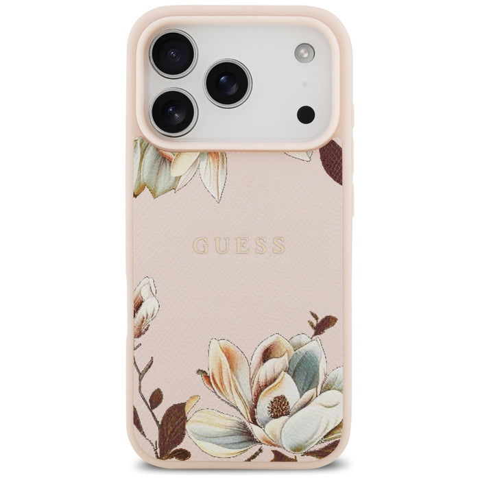 Калъф Guess Grained Flowers Classic Logo MagSafe за iPhone 17 Pro Max - розов