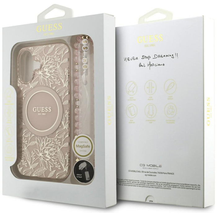 Guess IML Flowers Electro Pearl Strap MagSafe Case за iPhone 17 - Розов
