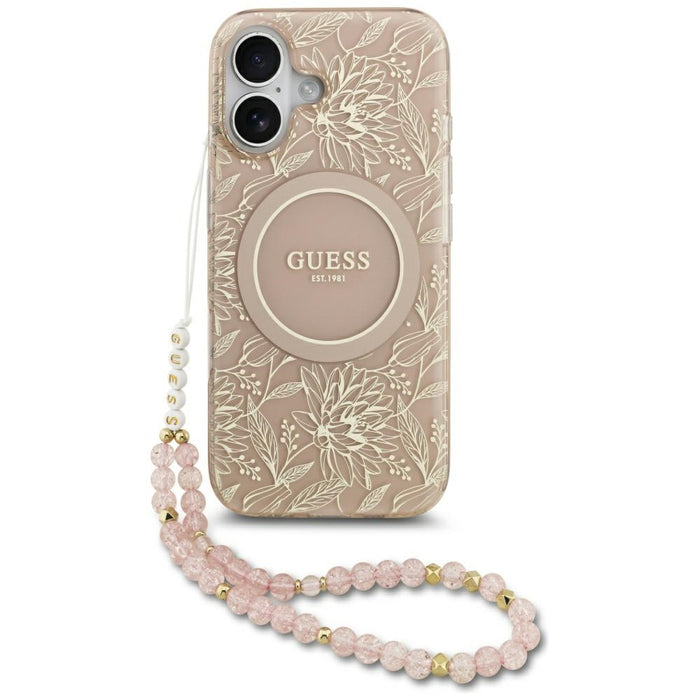 Guess IML Flowers Electro Pearl Strap MagSafe Case за iPhone 17 - Розов