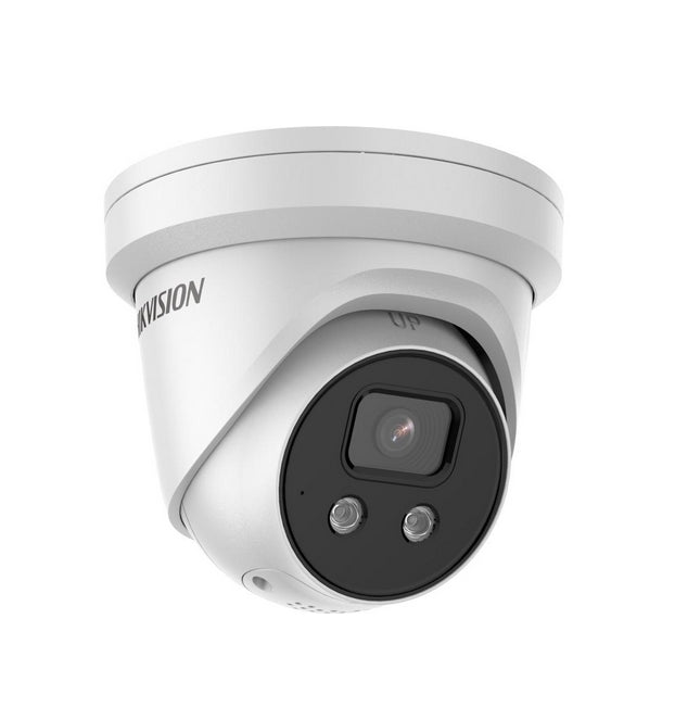 HikVision 4 MP AcuSense Strobe Light and Audible Warning Fixed Turret Network Camera, 2.8 mm, F1.4, IR до 30m, H.265+, IP67, вграден микрофон, вграден високоговорител, вграден слот за карта с памет (до 512 GB), 12Vdc/PoE 8.8W
